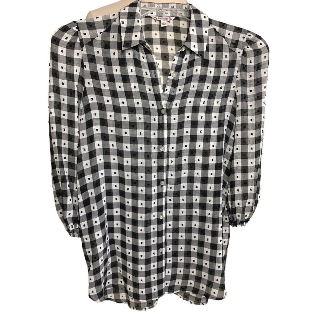 Nanette Lepore XXS Semi Sheer Black Plaid Long Sleeve Blouse Swiss Dot Button